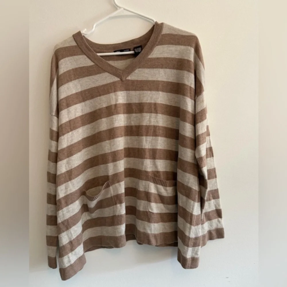 Linda Matthews New York Striped V-Neck Sweater with Pockets - oversized